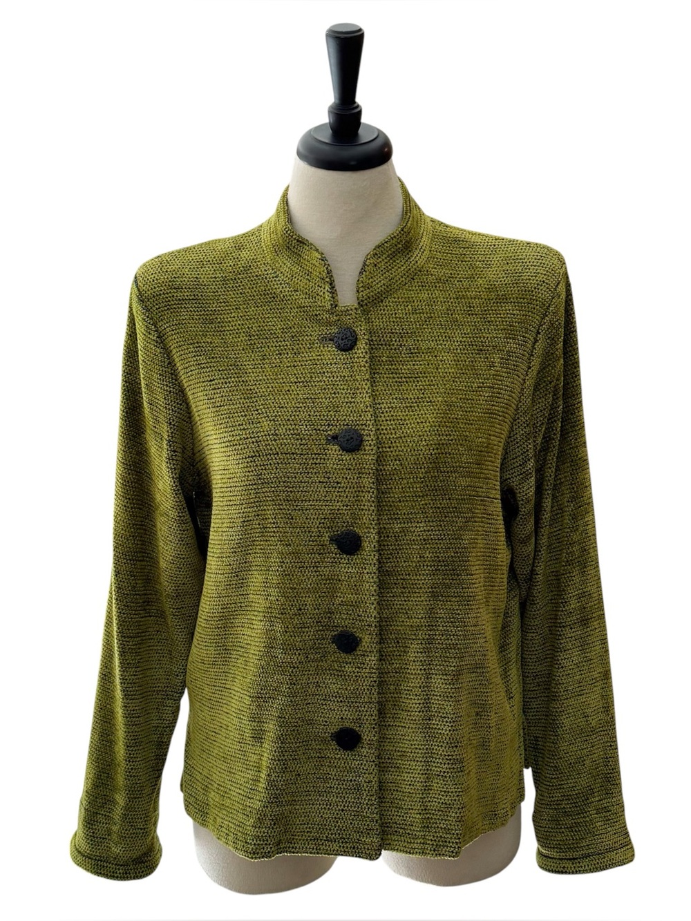 Lynn Yarrington Green Black Chenille Mandarin Collar Button Up Short Jacket M